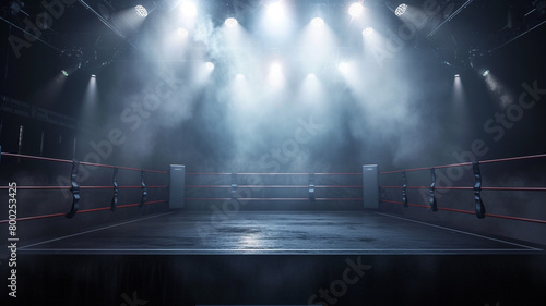 A captivating image of an unoccupied professional boxing ring surrounded by dramatic spotlights