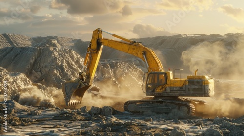 Majestic Excavator at Work in Dusty Quarry