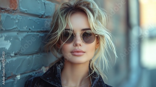 A young blonde woman in black classic jacket and black stylish sunglasses is walking down the street. Close-up portrait of a young blonde woman in casual clothing.