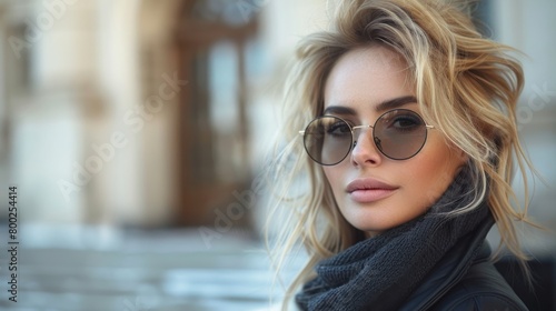 Stylish sunglasses are worn by a young blonde woman on her way to work. Close-up take of a blonde woman wearing a black classic jacket. Casual clothing.