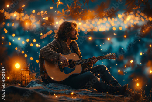 Starlit Serenade: A guitarist serenades his sweetheart beneath a canopy of twinkling stars, his soulful melodies filling the night air with romance. The couple sits together on a c