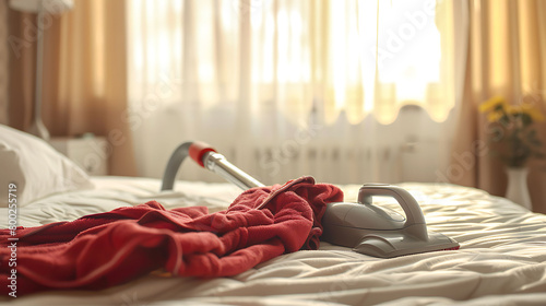 vacuum cleaner on the mattress. domestic home cleaning