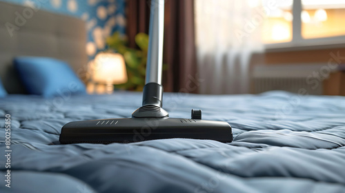 vacuum cleaner on the bed. domestic home cleaning