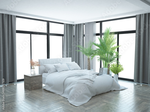 Duża nowoczesna minimalistyczna luksusowa sypialnia z dużym łóżkiem i wieloma roślinami w doniczkach
