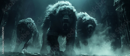 Cerberus, the three-headed hound of Hades, guarding the gates of the underworld, his fur bristling with shadows
