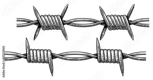 Metal steel barbed wire with thorns, spikes. Hand drawn sketch vector illustration. Tattoo engraving style