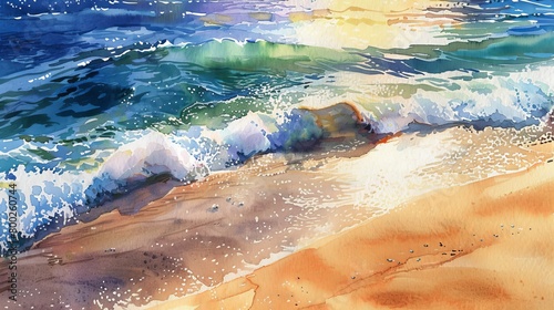 Artistic watercolor of a secluded beach, the rhythmic waves lapping at the sandy shore under a clear sky, conveying peace and tranquility