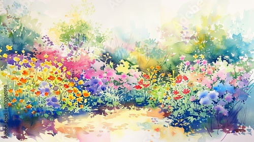 Artistic watercolor rendering of a blooming garden in spring, vivid colors of flowers providing comfort and a visual escape