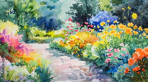 Artistic watercolor rendering of a blooming garden in spring, vivid colors of flowers providing comfort and a visual escape