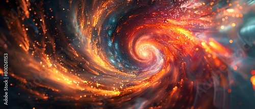 A swirling vortex of vibrant colors and intense energy, resembling a cosmic dance of light and shadows