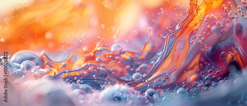 Dynamic swirls of colorful liquid merging and splitting into separate bubbles