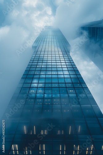 skyscraper. tall glass building in the fog. thick fog enveloped the office building