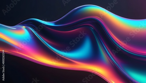 Abstract dark holographic iridescent neon background fluid liquid glass curved wave in motion 3d render. Gradient design element for banners, backgrounds, wallpapers, and covers