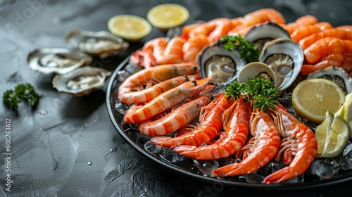 A platter of assorted fresh seafood, including oysters, clams, and prawns, elegantly arranged, studio lighting to enhance the natural shine and appeal