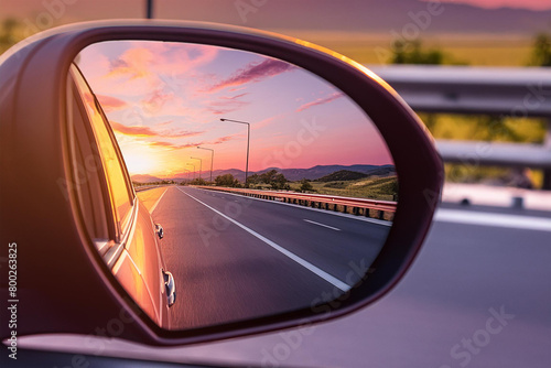 highway view in car mirror at sunset