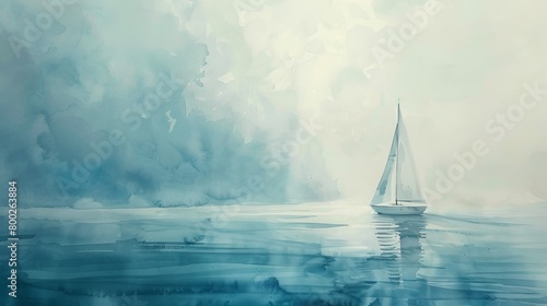 Dreamy watercolor of a distant sailboat on a calm ocean, the subtle strokes capturing the essence of peaceful solitude