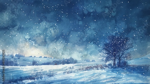 Dreamy watercolor of a snow-covered meadow under a starlit sky, providing a cool, quiet solace for those in the clinic