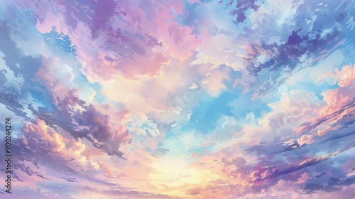 Ethereal watercolor of a sky filled with drifting clouds at dusk, the colors blending into a perfect backdrop for calm and recovery