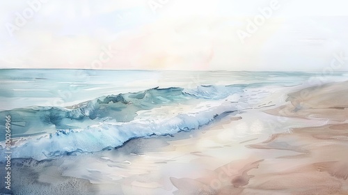 Gentle watercolor of a calm coastal retreat, soft pastels capturing the soothing rhythm of lapping waves on a sandy beach