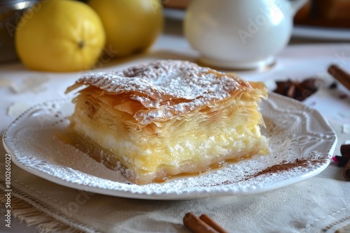 Greek pie known as Thessaloniki pie handmade phyllo filled with sweet semolina cream topped with powdered sugar and cinnamon