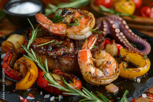 Luxurious seafood platter with meat shrimp and octopus