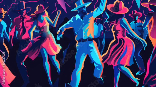 Neon, brightly colored country-western dancers