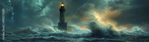 A lighthouse in a stormy sea at night.