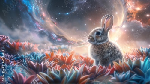 A rabbit is sitting in a field of flowers. Scene is peaceful and serene, as the rabbit is surrounded by nature