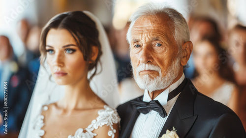 Old groom and young bride saying wows - unequal marriage concept