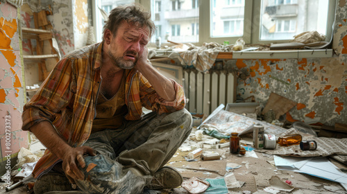 Heavy binge drinker in his destroyed abandoned apartment