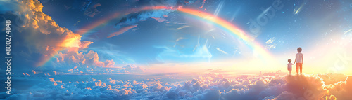 Two children standing on a cliff looking at the beautiful scenery of the sky, clouds and a rainbow.