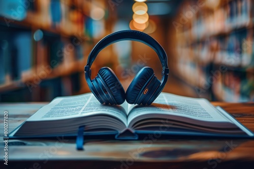 Headphones on an open book, audiobook concept
