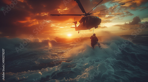 Helicopter in the sea at sunset in rescue work