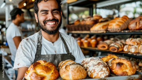 Delighted baker displaying meticulously handcrafted artisan bread, freshly baked with utmost care
