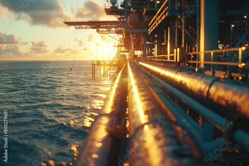 Golden sunset over the ocean with focus on the pipeline of an offshore oil and gas platform.