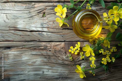 Rapeseed oil and flowers on wood seen from above