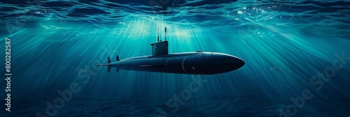 Generic military nuclear submarine floating in the middle of the ocean while shooting an undersea torpedo missile. 