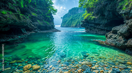 A tranquil bay nestled between rugged cliffs, with crystal-clear waters inviting peaceful contemplation. Perfect for travel brochures, nature blogs, relaxation themes, and eco-tourism marketing.