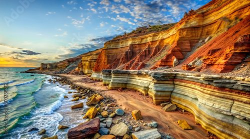 A stunning natural wonder of multi-hued cliff faces cascades into the sea, with layers revealing earth's vibrant geological history. Ideal for themes of natural wonders, geological diversity, and tran