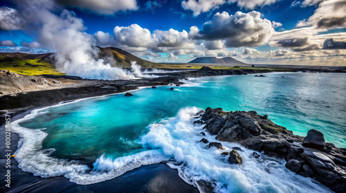 This dramatic volcanic coastline, with black sand, rocky cliffs, and crashing waves, ignites a sense of adventure. Imagine it on a travel poster or book cover, showcasing raw natural beauty.