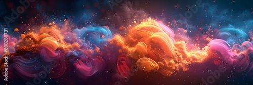 This image displays a dynamic and flowing wave of colorful spheres and swirls, creating a sense of motion and energy in a harmonious, abstract scene