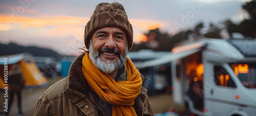 A joyful elderly man with a warm scarf and beanie stands in front of a campground with RVs and tents during sunset