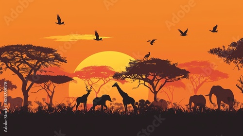 African savannah animals in a seamless vector pattern, sunset orange background, dramatic magazine cover, from above