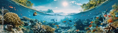 Underwater and above water panoramic view of a coral reef with tropical fish