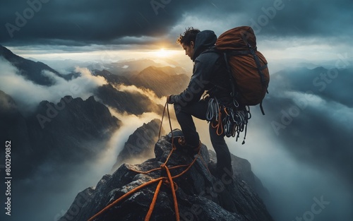 Alpinista in alta monta in situazione estrema e precaria