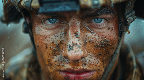Portrait of a man in a military helmet with a dirty face