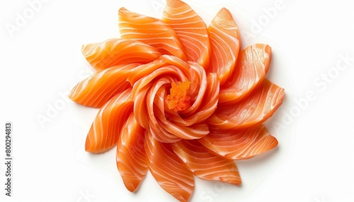 Salmon sashimi arranged in a floral shape isolated on a white background with a path