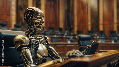 A robot sitting in a courtroom