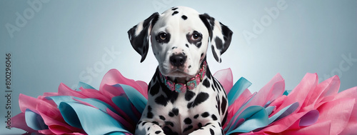 Artistic pet fashion, Dalmatian pup adorned in haute couture, featured in a dynamic and colorful ad.