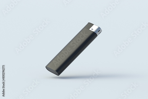 Falling lighter for cigarette on gray background. Smoker accessories. Disposable flammable equipment. 3d render